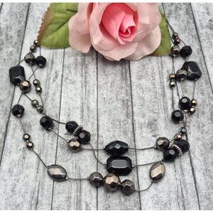 Gunmetal Black Multi Strand Beaded Station Necklace Statement Collar Lightweight